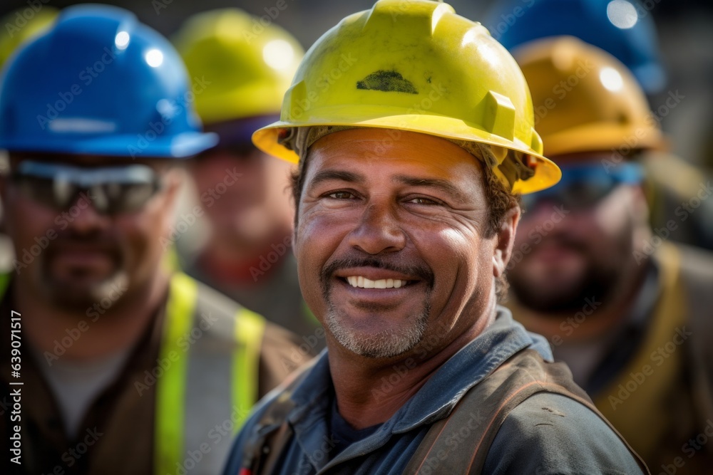Portrait of happy male worker in hardhat smiling at camera in factory Portrait of happy male worker in hardhat smiling at camera in factory