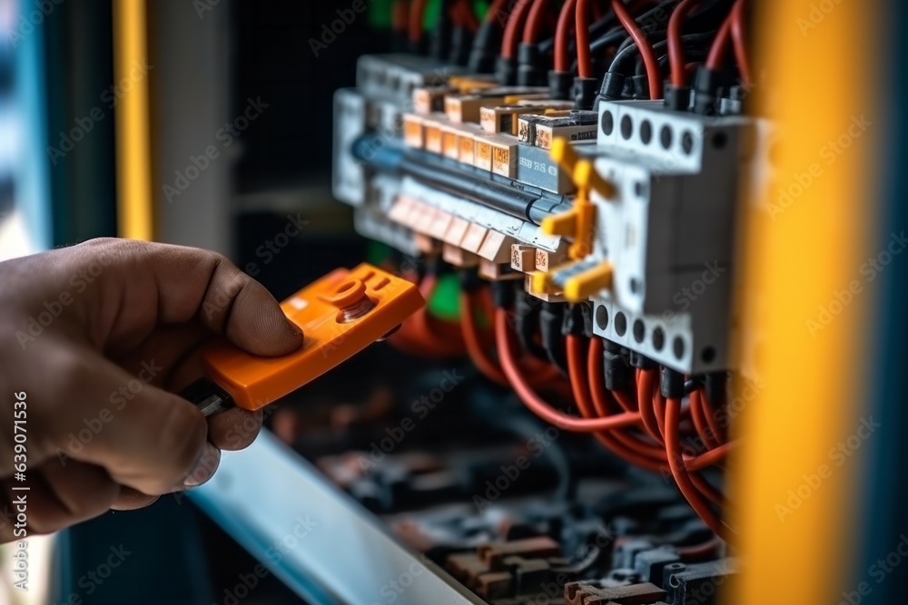 Close up of electrician's hand working with electrical equipment in fuse box Close up of electrician's hand working with electrical equipment in fuse box