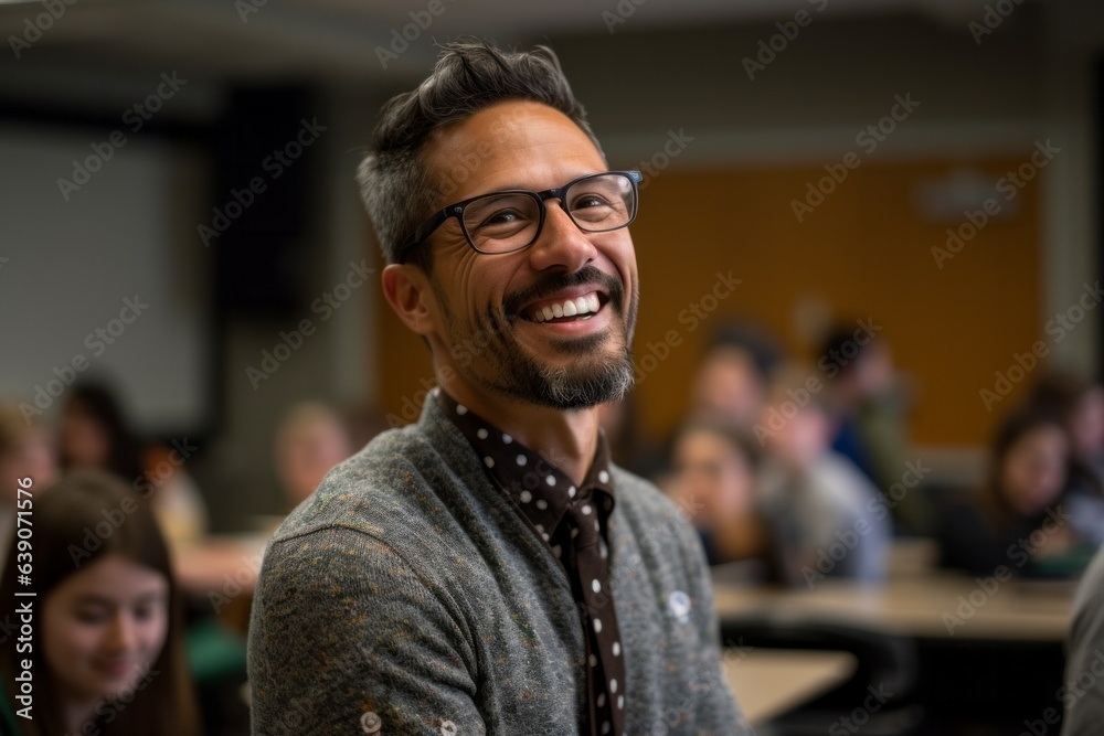 Portrait of handsome Indian man with eyeglasses at lecture hall