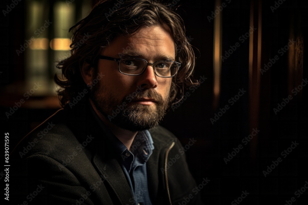 Portrait of a handsome bearded man with glasses in a dark room