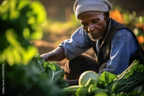 Portrait of senior African American man working on vegetable garden at sunset