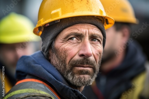 Portrait of a worker with yellow helmet in the construction site.