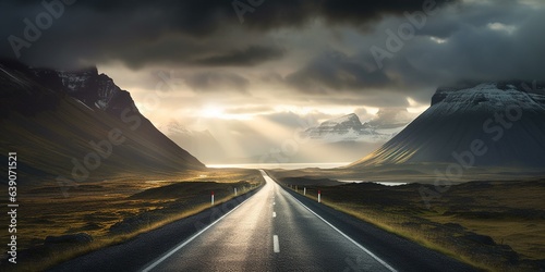 Straight highway leading to majestic mountain in Iceland