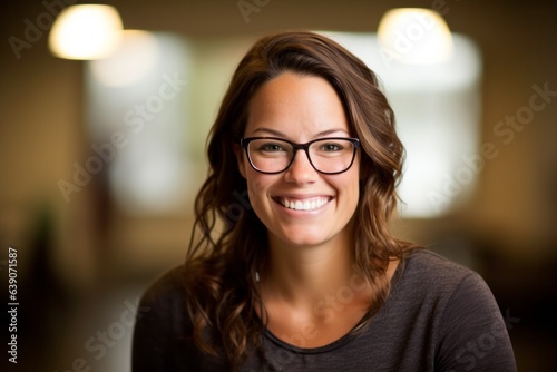 Portrait of a beautiful young woman with glasses smiling at the camera