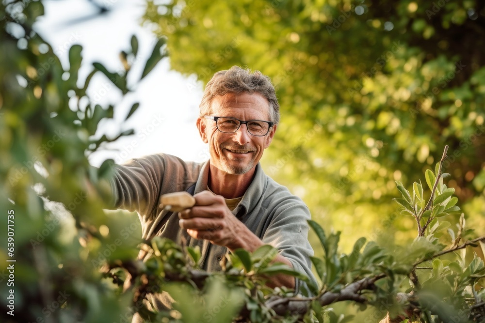 Portrait of senior man gardening in his garden on a sunny day