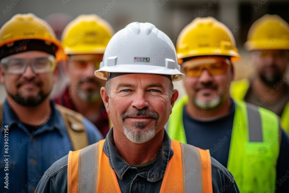 Headshot portrait photography of an efficient construction worker coordinating with team members on a busy site Headshot portrait photography of an efficient construction worker coordinating with team members on a busy site