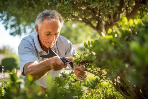 Portrait of senior man cutting branches of bush in garden on a sunny day