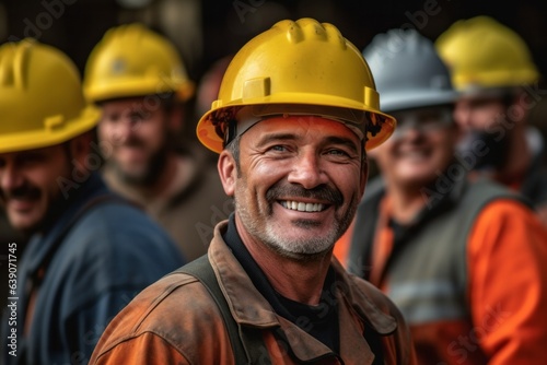 Headshot portrait photography of an efficient construction worker coordinating with team members on a busy site