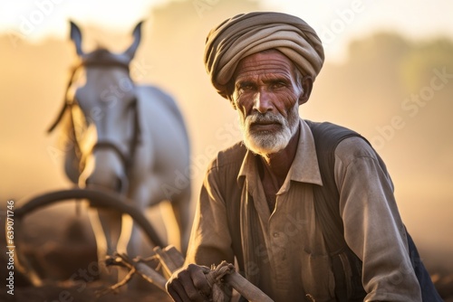 Indian farmer working with his horse in the field at sunset, India