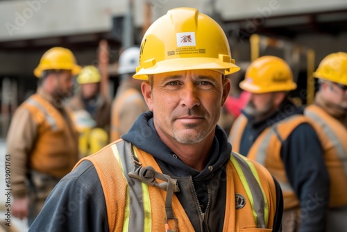 Portrait of a factory worker with hardhat in front of his team