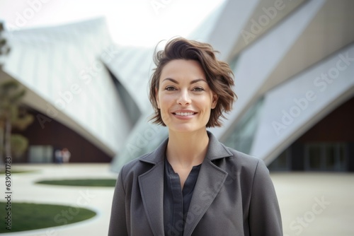 Portrait of a smiling businesswoman in front of modern office building