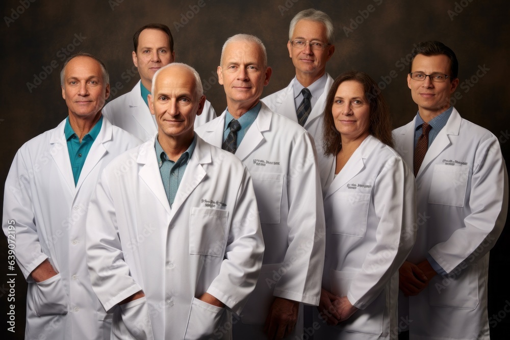 Portrait of a group of doctors standing on a dark background.