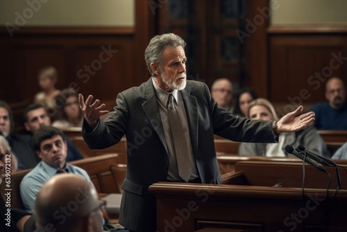 Group portrait photography of an experienced lawyer giving a passionate closing argument in a high-profile trial 