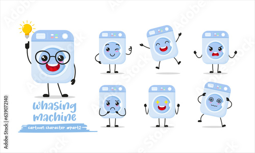 cute washing machine cartoon with many expressions. home appliance different activity pose vector illustration flat design set.