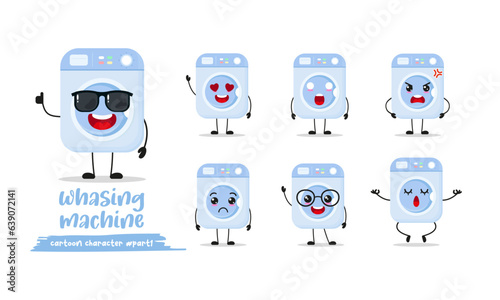 cute washing machine cartoon with many expressions. home appliance different activity pose vector illustration flat design set with sunglasses.