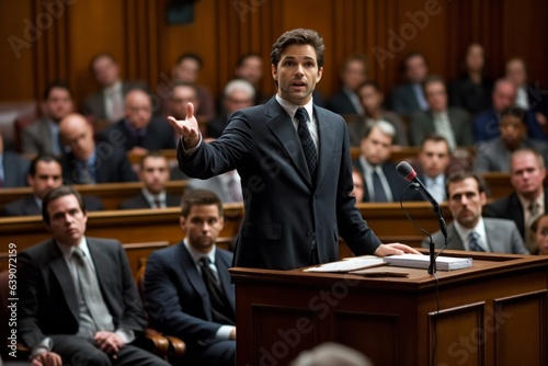 Group portrait photography of an experienced lawyer giving a passionate closing argument in a high-profile trial 