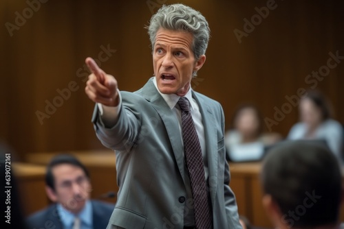 Group portrait photography of an experienced lawyer giving a passionate closing argument in a high-profile trial  photo