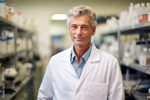 Portrait of senior male pharmacist standing in pharmacy and smiling at camera