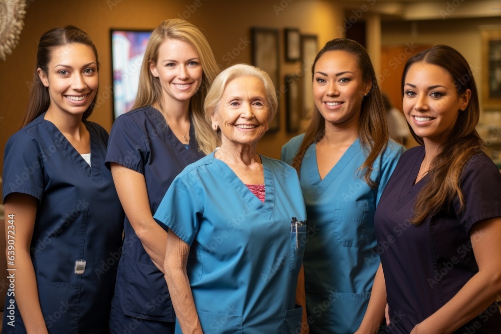 Portrait of a smiling nurse and her colleagues standing in a hospital Portrait of a smiling nurse and her colleagues standing in a hospital
