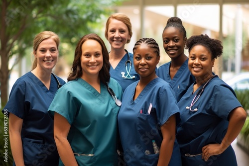 A group of nurses in a team photo. Professional healthcare services.