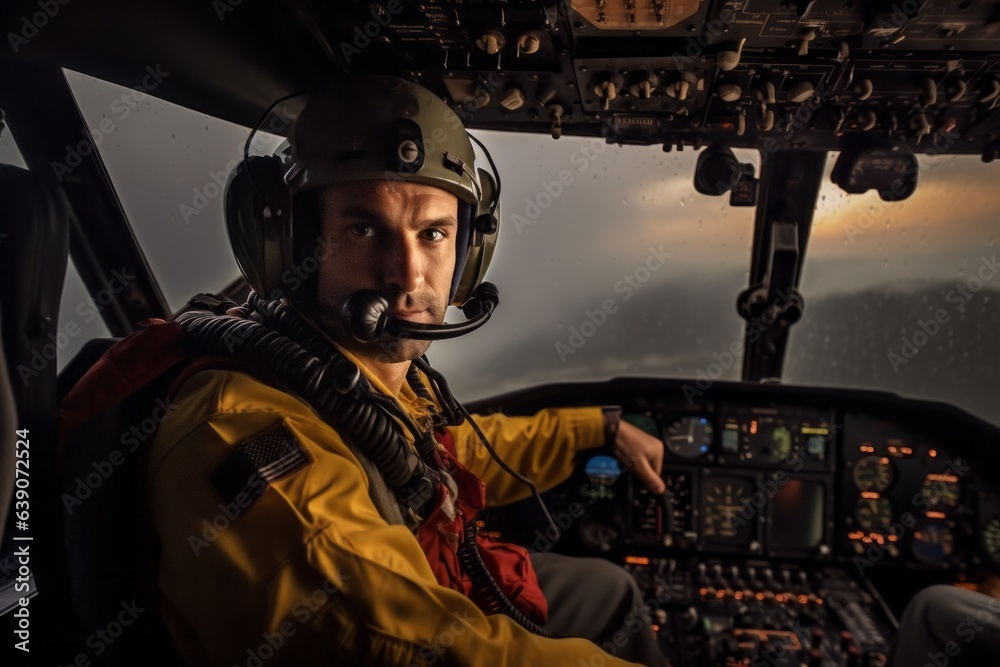 Portrait of a male pilot in the cockpit of an airplane.