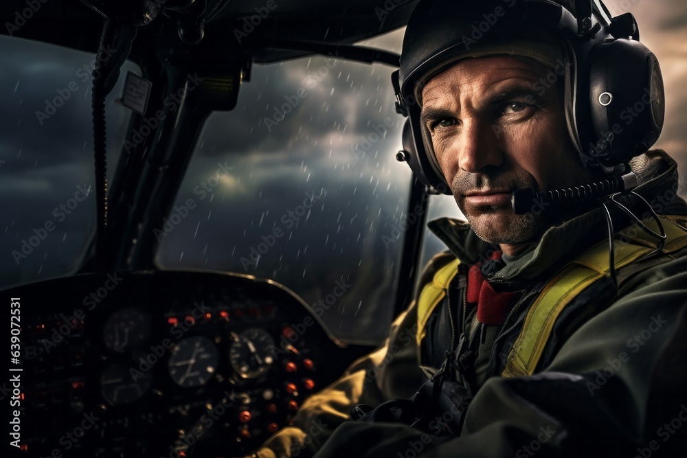 Portrait of a pilot in the cockpit of a helicopter in the rain. Portrait of a pilot in the cockpit of a helicopter in the rain.