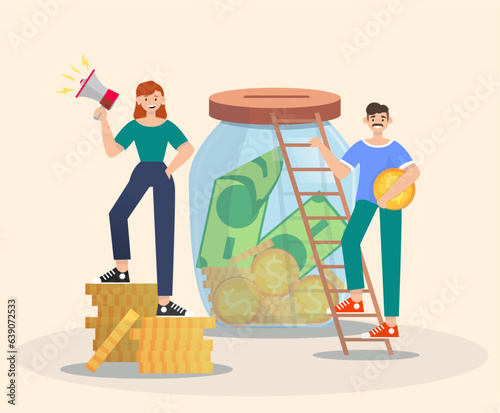 Fundraising activity. Woman with loudspeaker announcing collection and man putting coin into big jar on beige background. Vector illustration