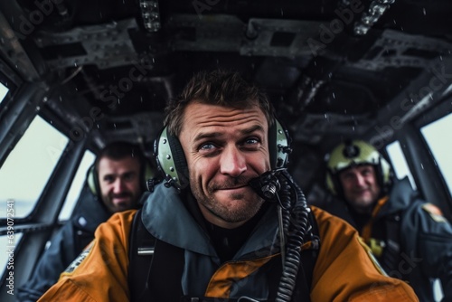 Portrait of a pilot in a helicopter with colleagues in the background