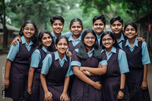 group of indian students in school uniform smiling and looking at camera