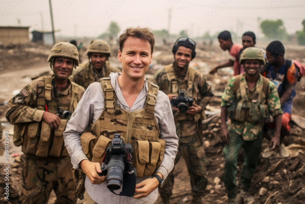 Portrait of a young man in camouflage holding a camera and smiling at the camera Portrait of a young man in camouflage holding a camera and smiling at the camera