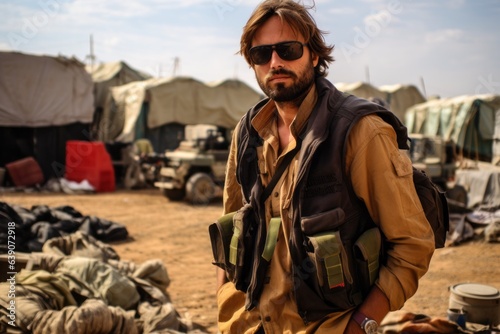 A man in a military jacket and sunglasses stands on the background of tents.