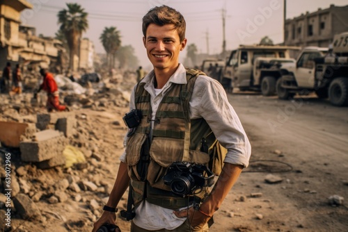 Group portrait photography of an intrepid journalist reporting from a conflict zone 