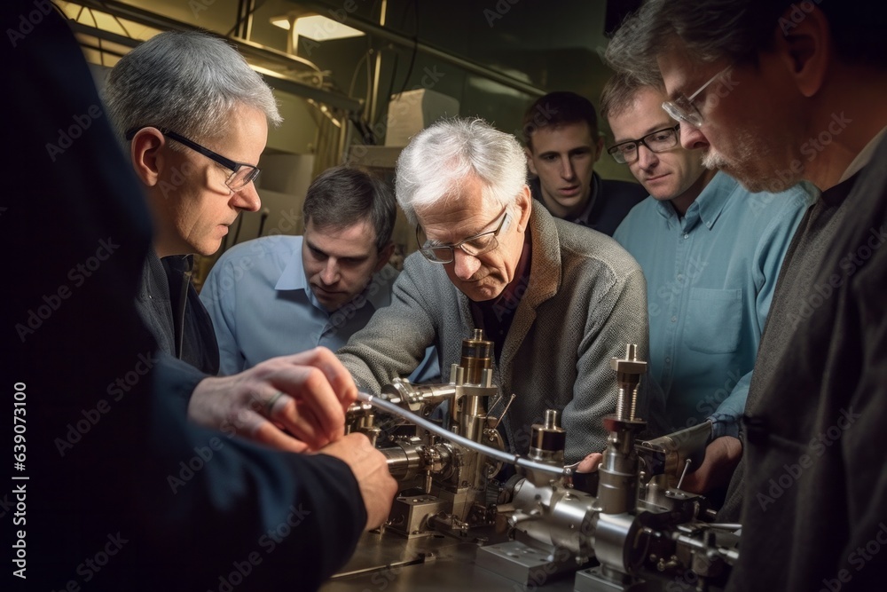 Group of students and teacher working on a machine in a science class Group of students and teacher working on a machine in a science class