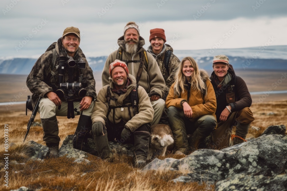 Group portrait photography of an adventurous photographer documenting wildlife in a remote location 