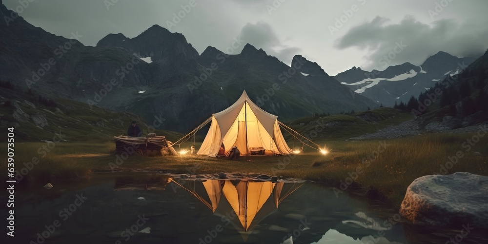 Tent against lake and mountain scene before night, Pyrenees