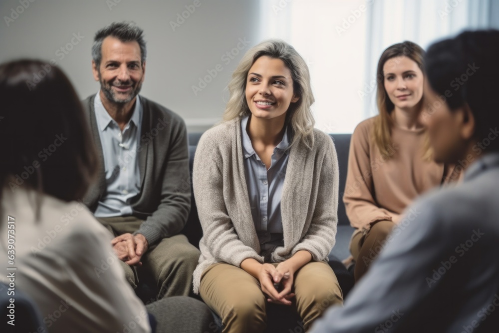 Smiling business people sitting on sofa during group therapy session in office Smiling business people sitting on sofa during group therapy session in office