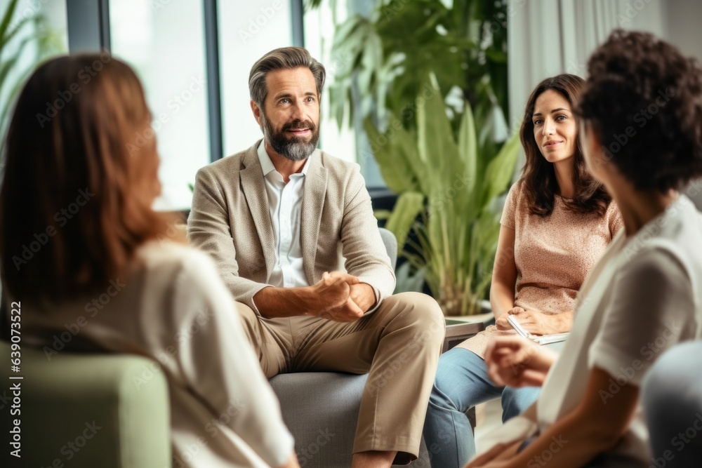 selective focus of psychologist talking to young couple during therapy session in office selective focus of psychologist talking to young couple during therapy session in office