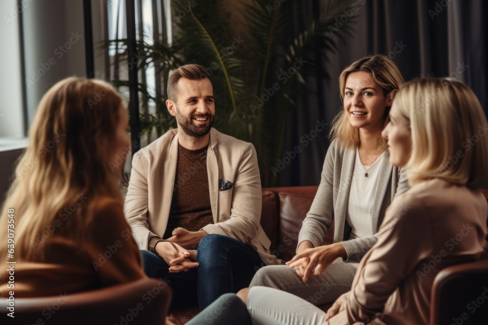 selective focus of smiling couple talking with psychologist during therapy session in office selective focus of smiling couple talking with psychologist during therapy session in office