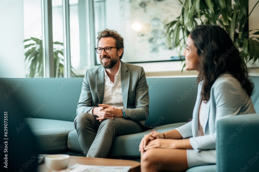 selective focus of smiling businessman in eyeglasses talking with colleague in office selective focus of smiling businessman in eyeglasses talking with colleague in office