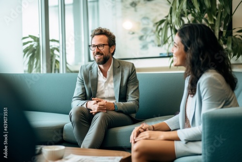 selective focus of smiling businessman in eyeglasses talking with colleague in office