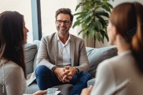 Smiling psychotherapist shaking hands with patient during therapy session in office