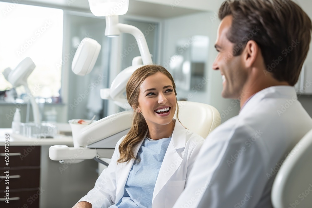 Fototapeta premium Portrait of happy female dentist talking to patient in dental chair at clinic