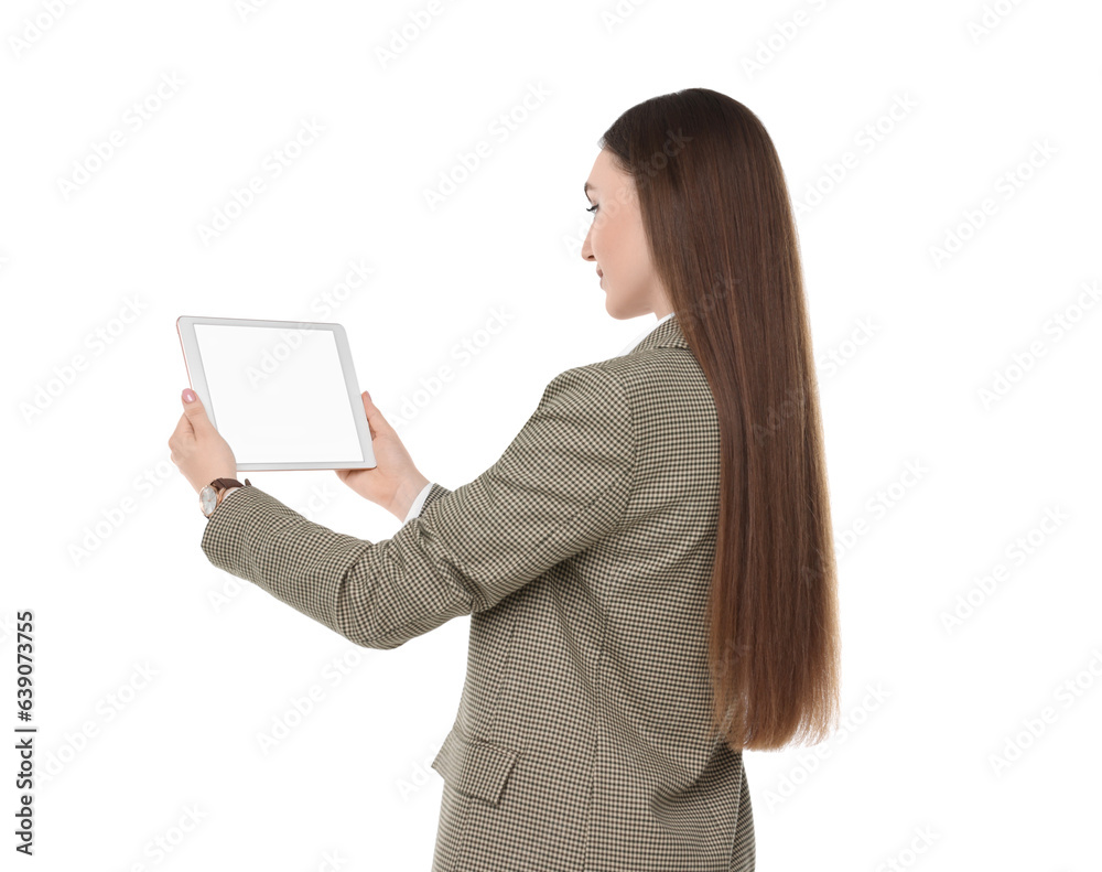 Woman holding tablet with blank screen on white background. Mockup for design Woman holding tablet with blank screen on white background. Mockup for design