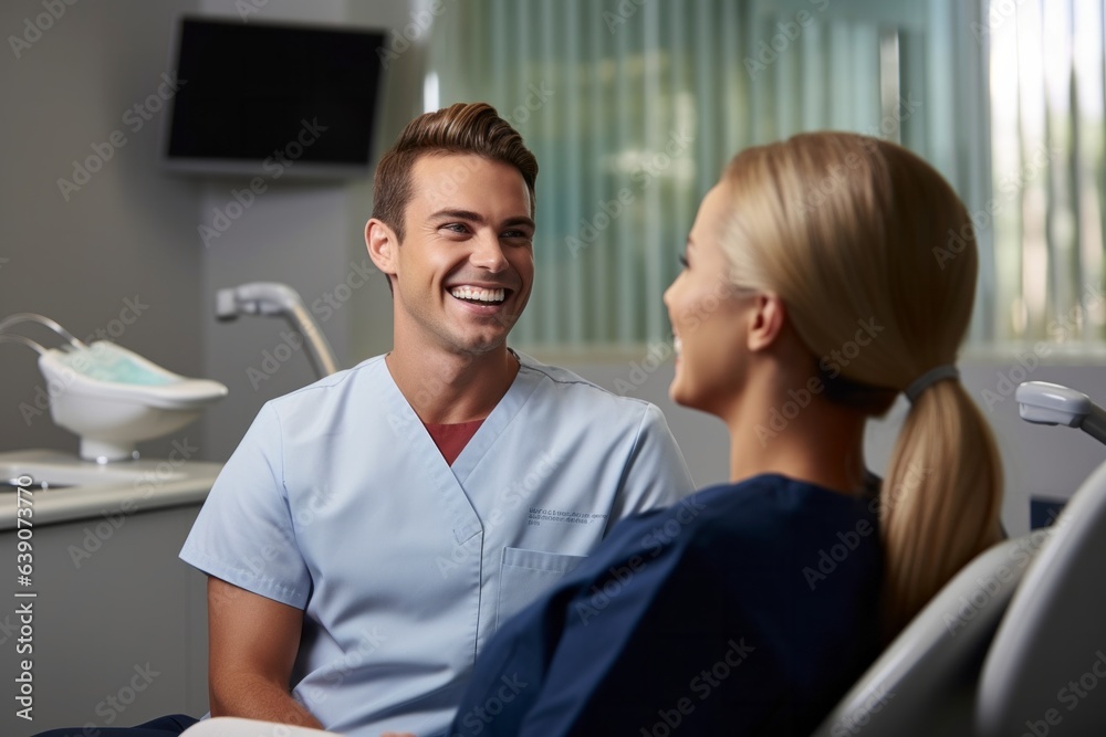 Obraz premium Smiling male dentist and female patient sitting in dental chair at clinic