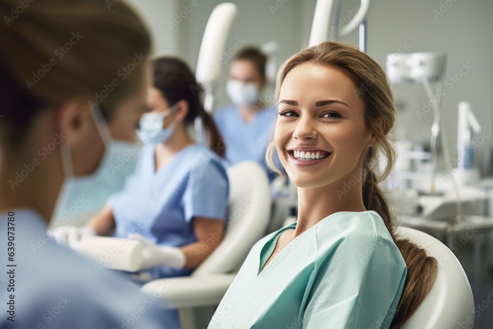 Smiling young woman patient sitting in dental chair at dentists office Smiling young woman patient sitting in dental chair at dentists office