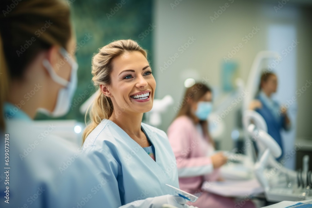 Portrait of smiling dentist and assistant in dental office. Focus on woman Portrait of smiling dentist and assistant in dental office. Focus on woman