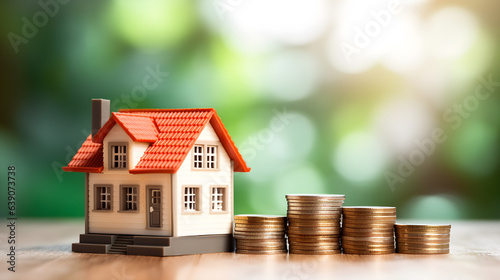 Home loan, Mortgage, Refinance, Investment, Inflation, interest rate, tax. Saving money, Plan to get new home and buy or rent. House model and money coins. Business and financial banking concept.