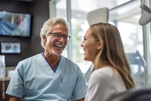 Portrait of smiling mature male doctor talking with female patient in clinic