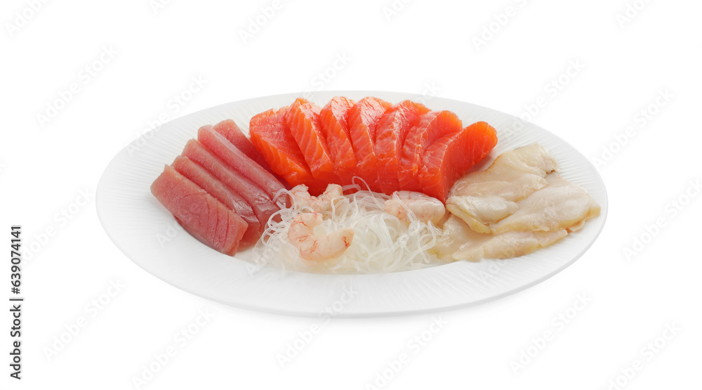 Tasty sashimi set (raw tuna, slices of salmon, shrimp and oily fish) served with funchosa isolated on white Tasty sashimi set (raw tuna, slices of salmon, shrimp and oily fish) served with funchosa isolated on white