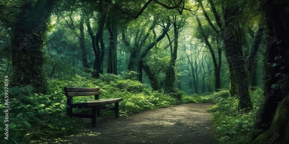 Trees in a green forest with the forest path and a bench next to it